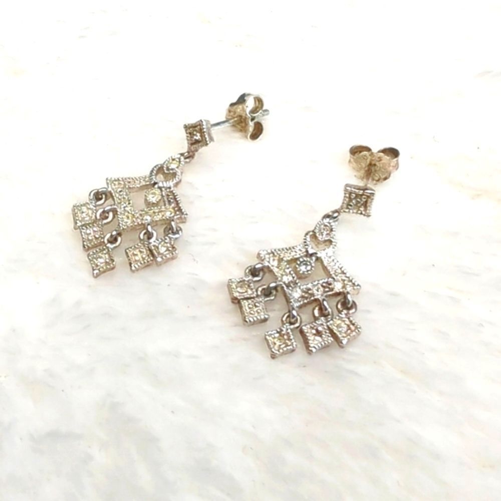 Vintage Sterling Silver and CZ Stone Drop Pierced Earrings - Picture 2 of 8